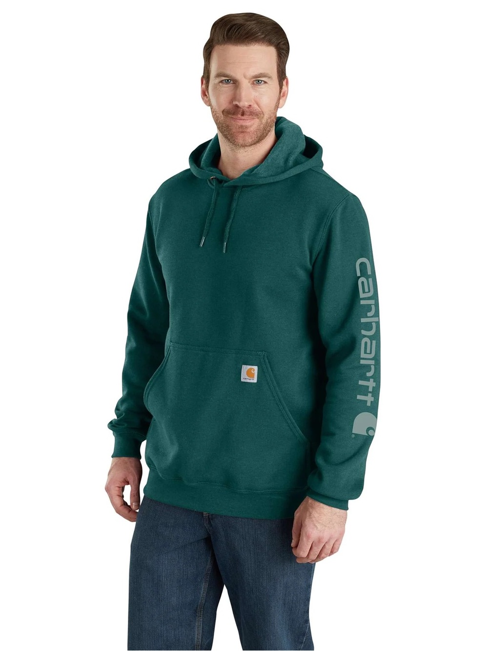 Carhartt Boys XL 16/18 Relaxed Fit Hoodie Teal Green Big Logo Sleeve Sweatshirt
